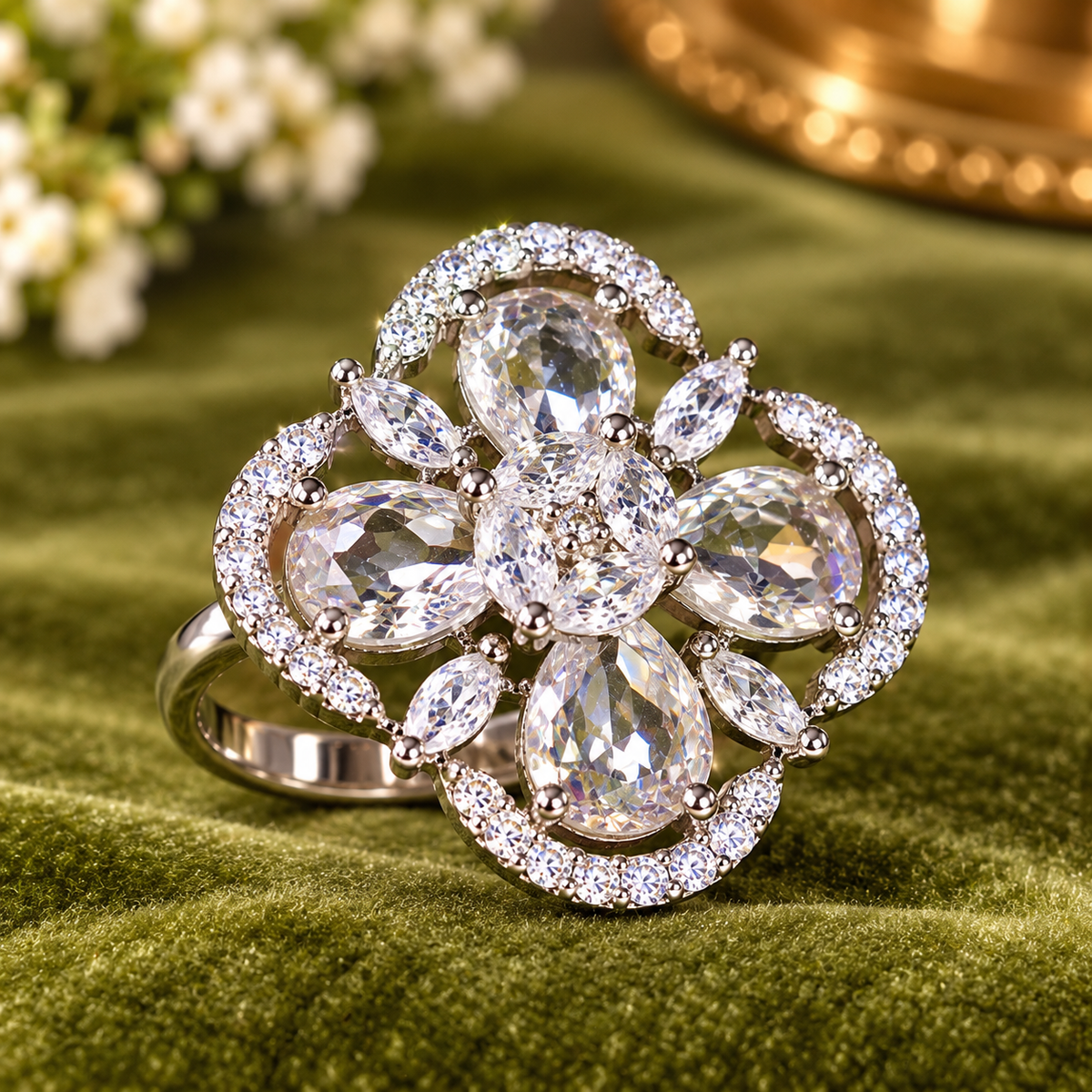 Crystal Floral Diamond-Look Statement Ring for Women