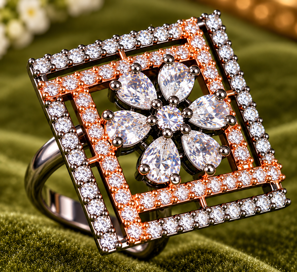 Square crystal statement ring featuring orange-toned stone frame and flower centerpiece