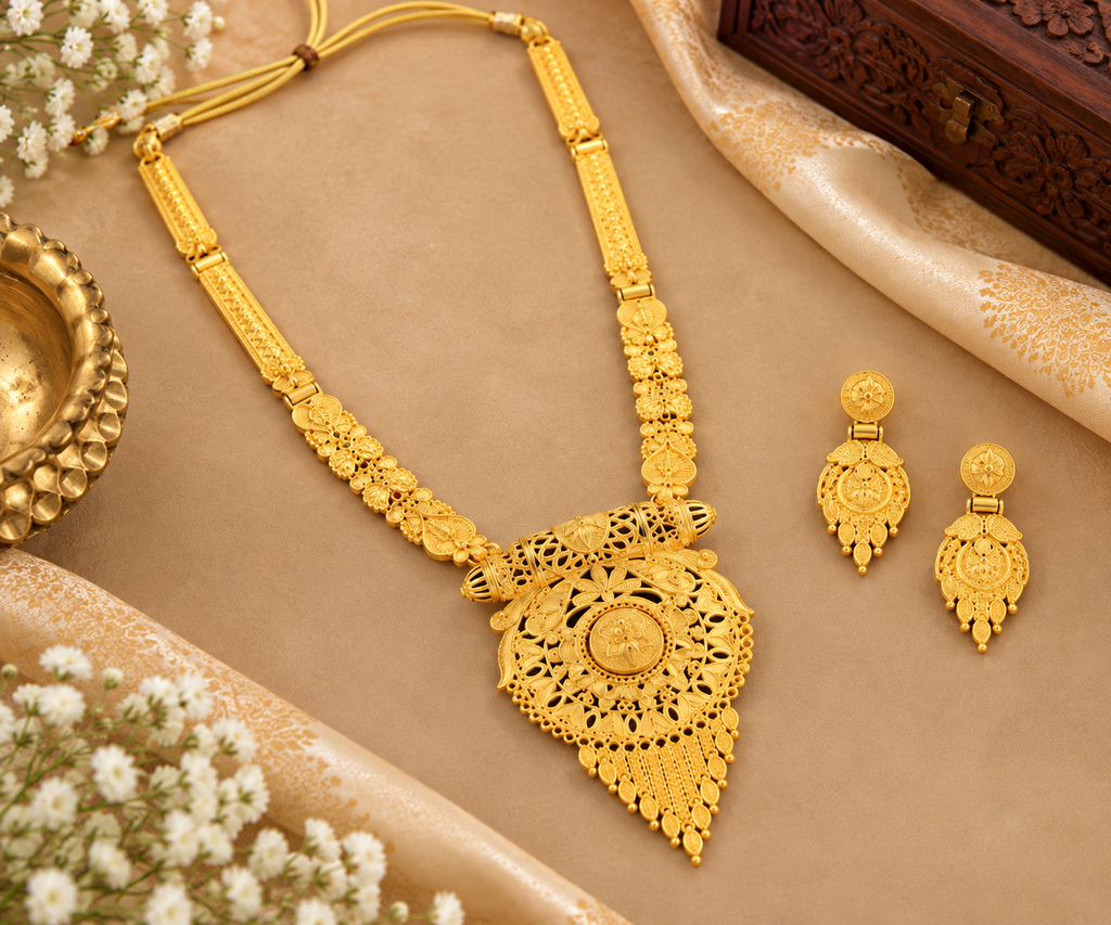 Gold-tone filigree necklace set with triangular pendant and two matching drop earrings.