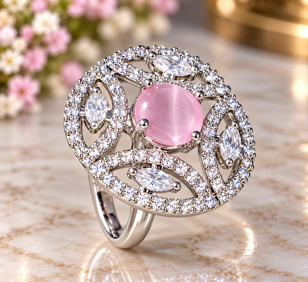 Pink cat eye statement ring with floral crystal setting