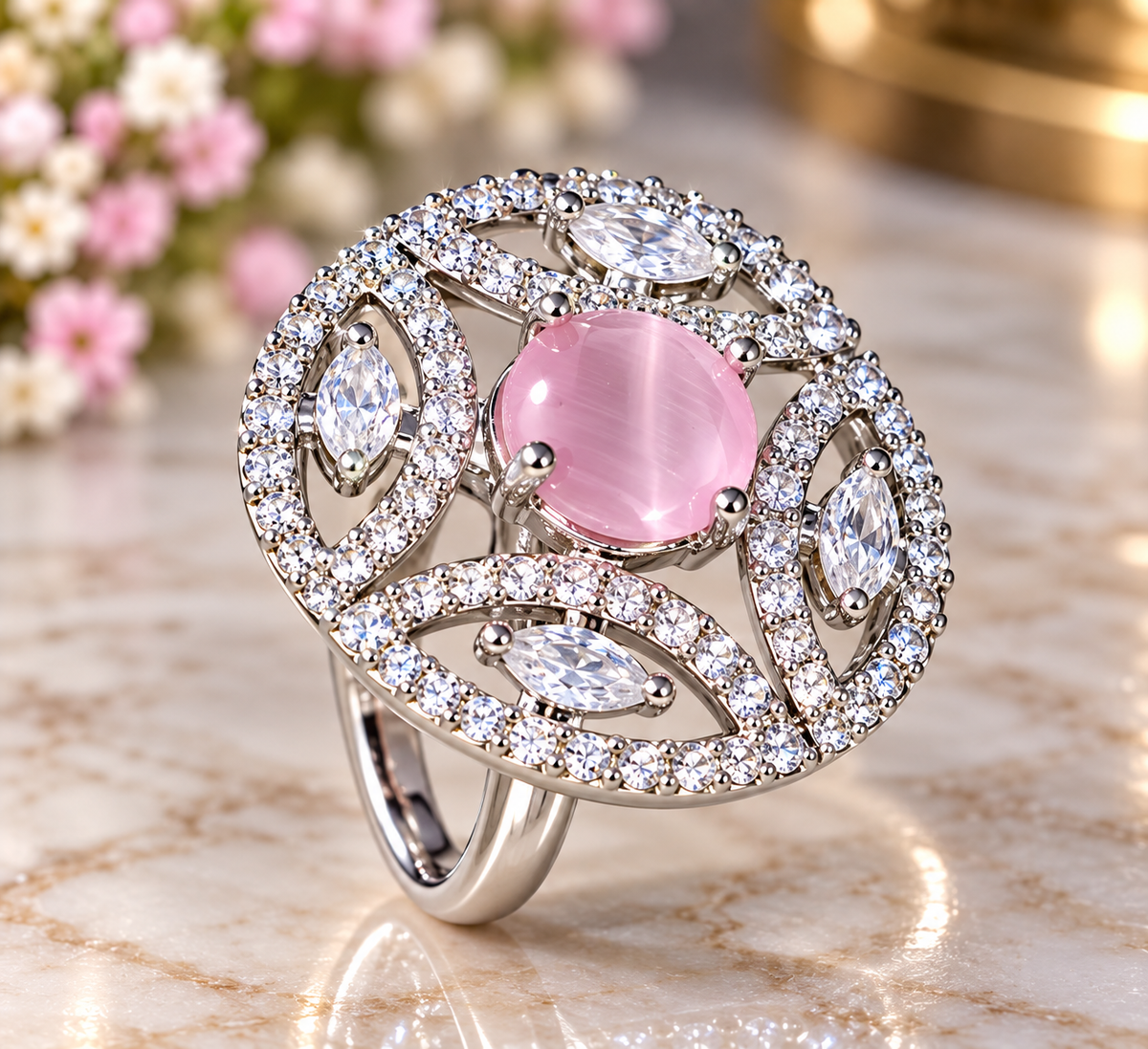 Pink cat eye statement ring with floral crystal setting