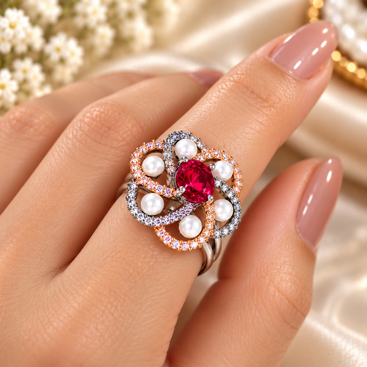 Ruby pearl diamond knot ring with oval red center stone and pearl accents