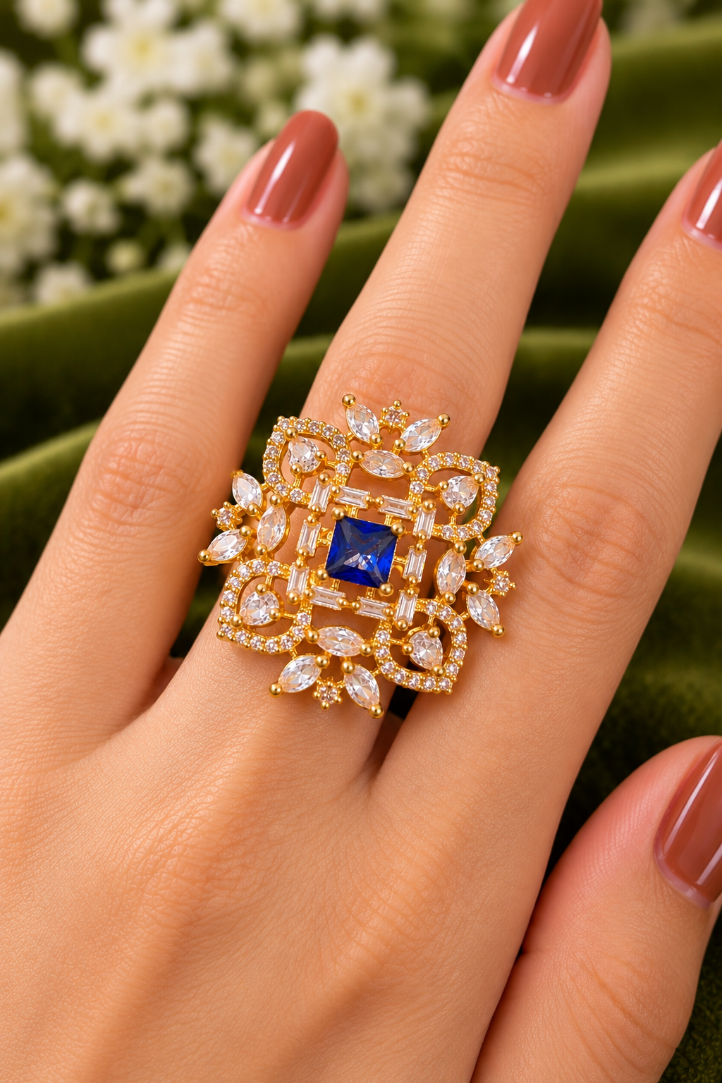 Royal Blue Square Stone Gold-Tone Floral Designer Statement Ring