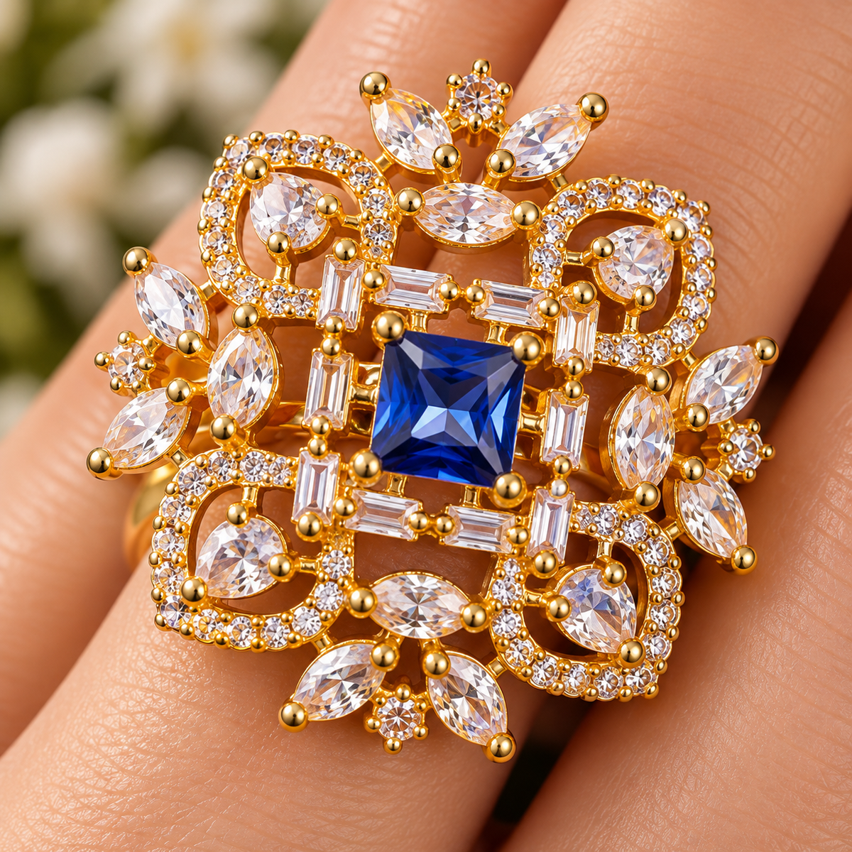 Royal Blue Square Stone Gold-Tone Floral Designer Statement Ring
