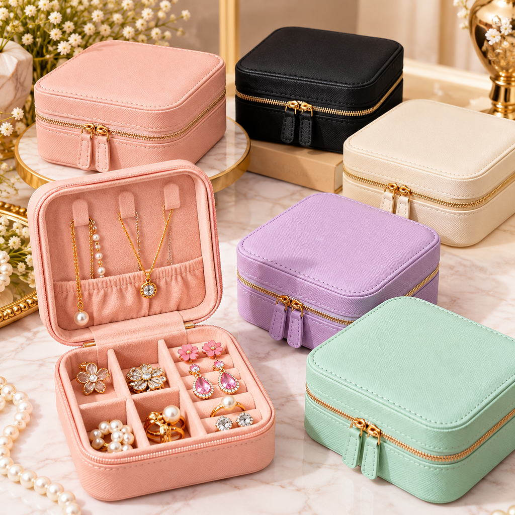 Set of five travel jewelry organizer boxes in pink, black, cream, purple, and mint