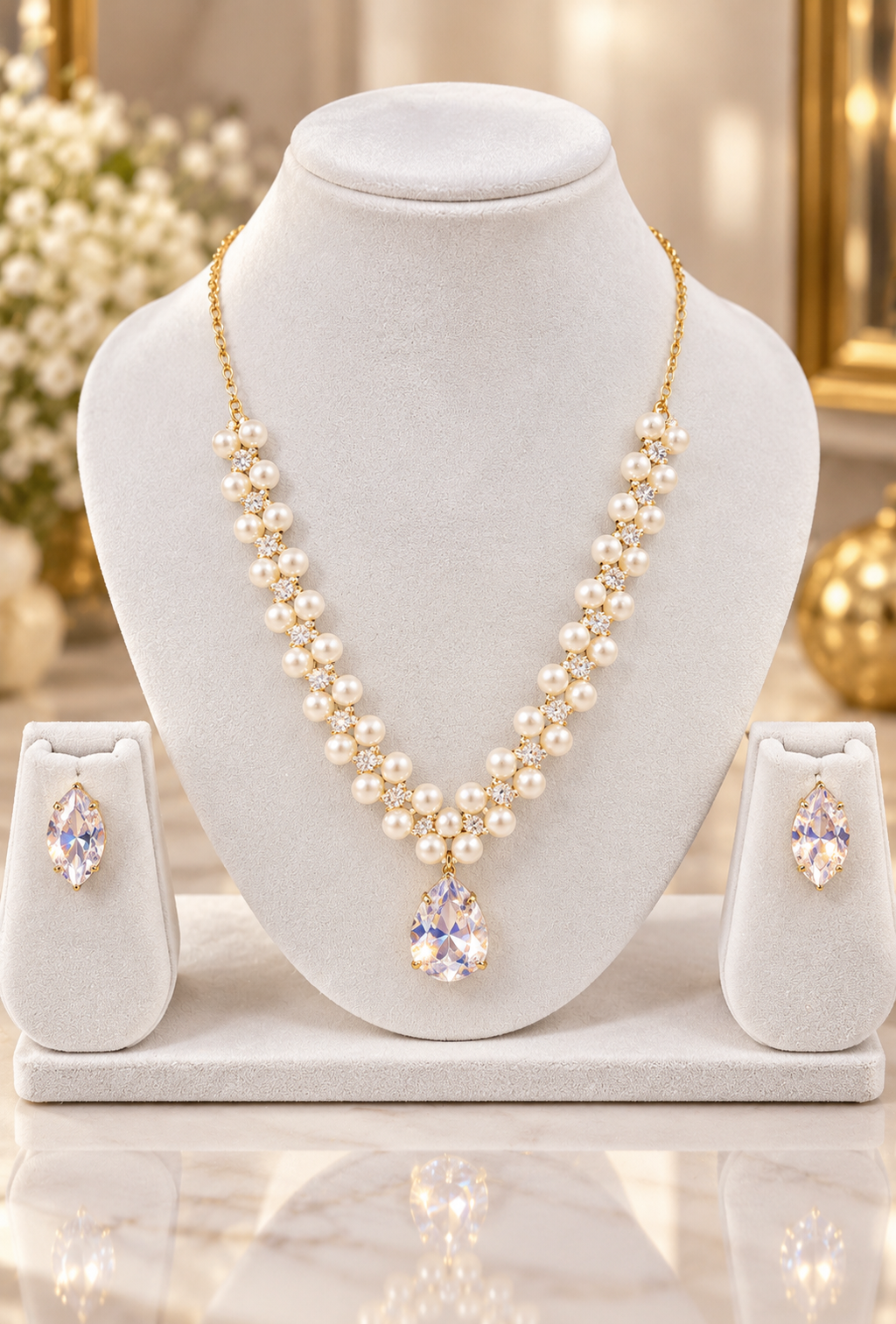Pearl teardrop necklace with gold chain and crystal teardrop drop earrings displayed