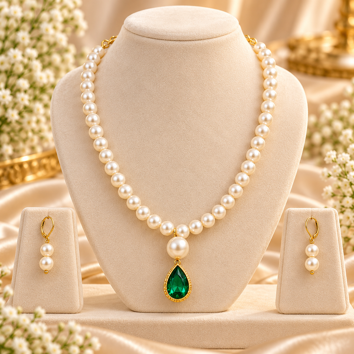 Cream pearl necklace with emerald teardrop pendant and drop earrings on beige display