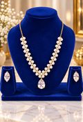 Pearl and gold chain teardrop necklace with crystal drop pendant, set with earrings