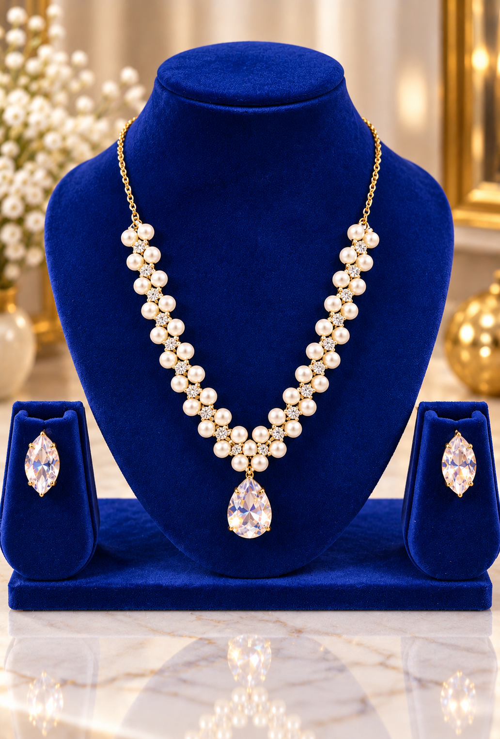 Pearl and gold chain teardrop necklace with crystal drop pendant, set with earrings
