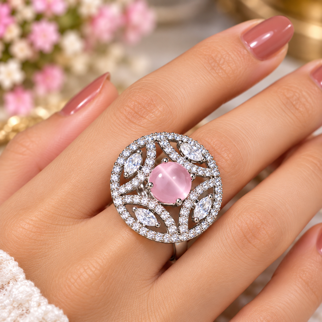 Pink cat eye floral crystal statement ring with round pink center stone and clear stones
