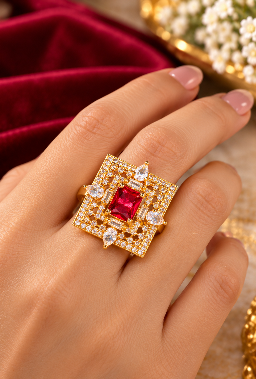Ruby Red Square Halo Gold-Tone Statement Ring for Women