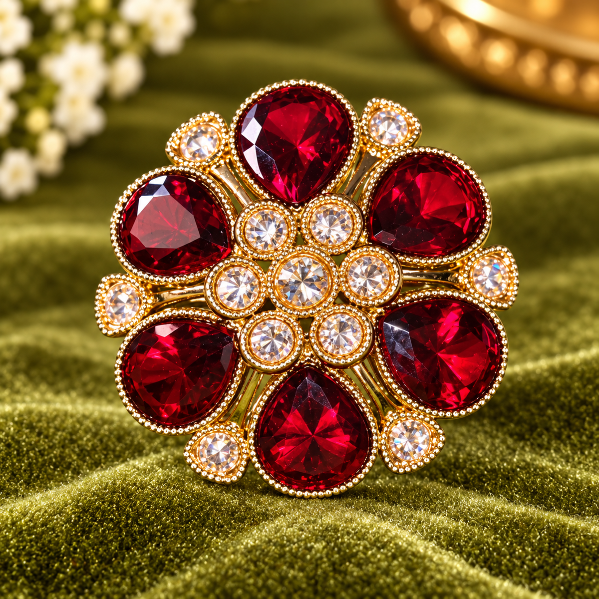 Ruby Red Floral Gold-Tone Statement Ring with Clear Stone Accents