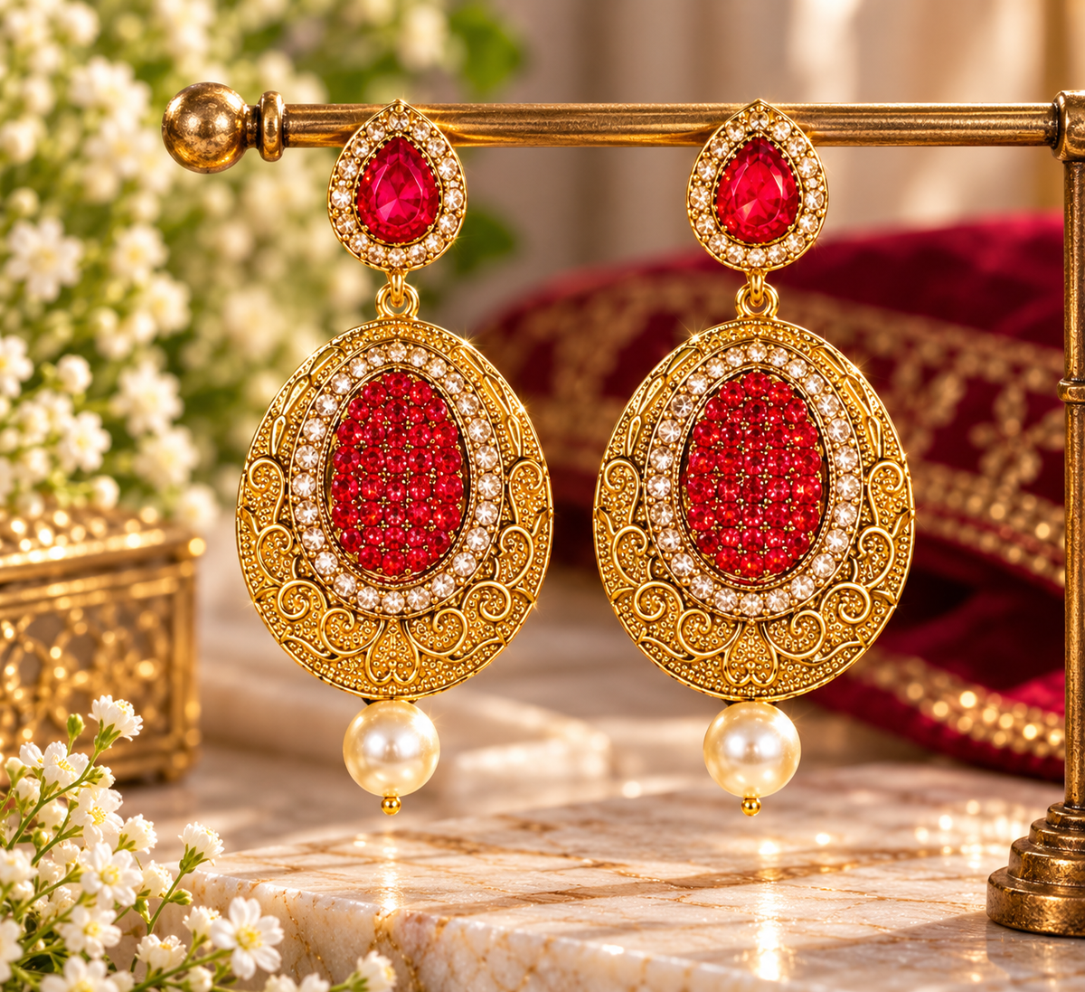Gold-tone red oval filigree drop earrings on display with pearl dangles