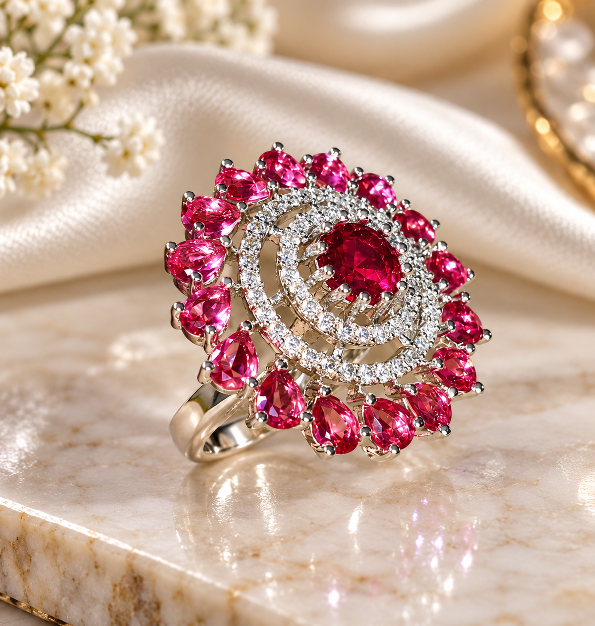 Statement ring with red faceted stones, pavé floral design, and gold-tone band