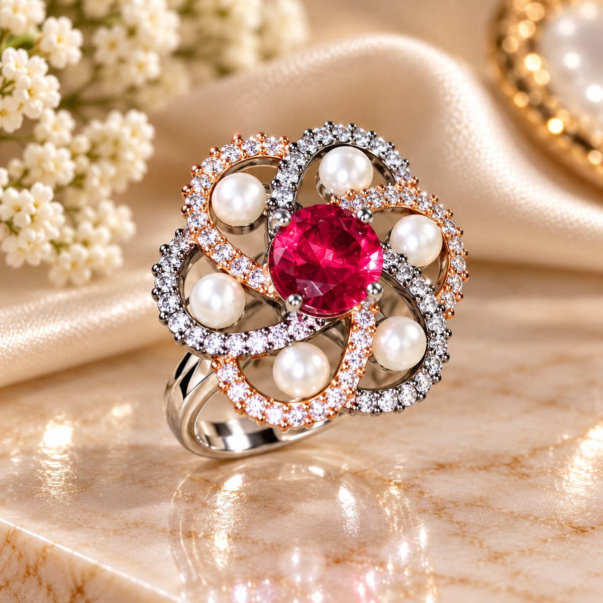 Ruby, pearl and diamond knot ring with round red center stone