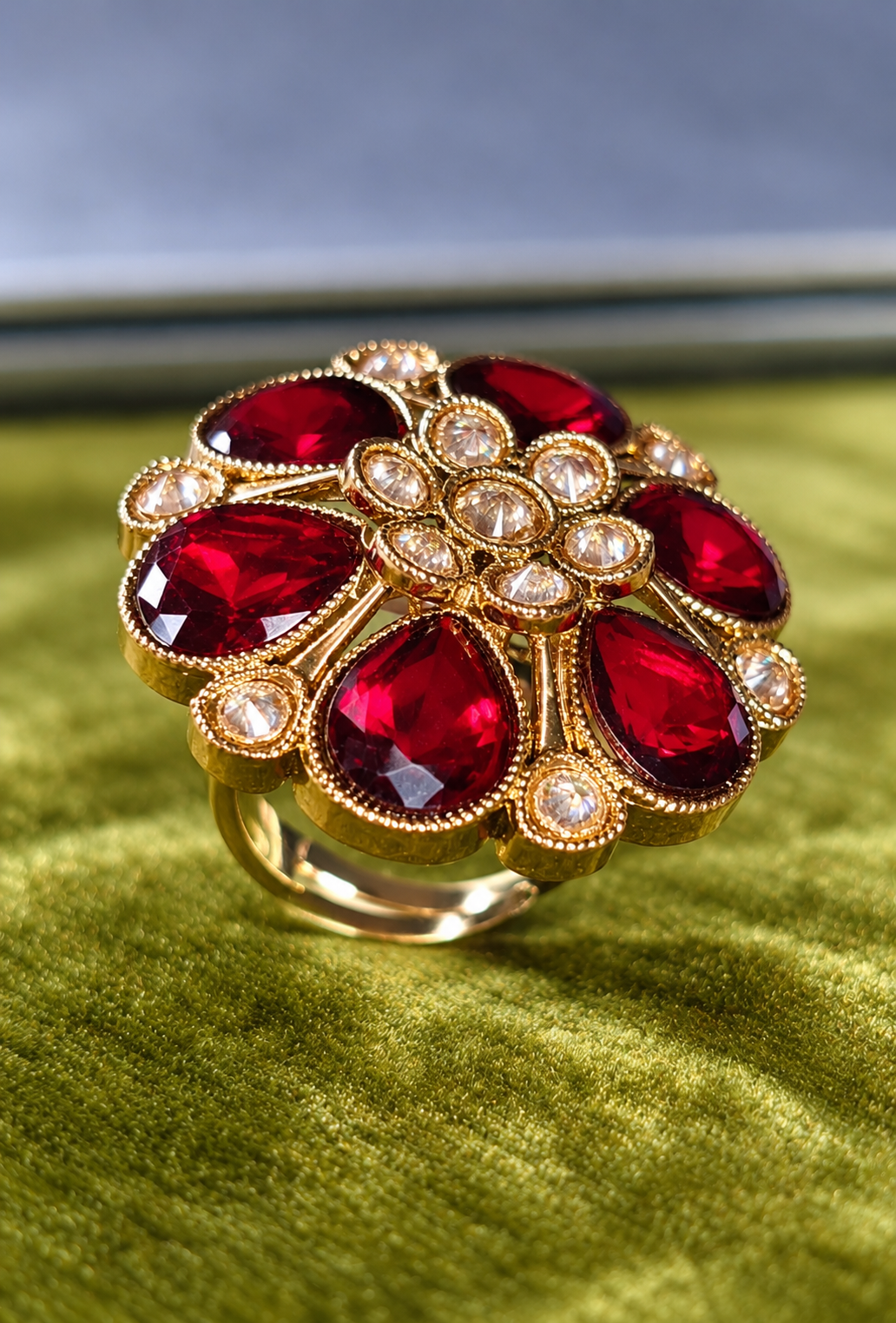 Ruby Red Floral Gold-Tone Statement Ring with Clear Stone Accents