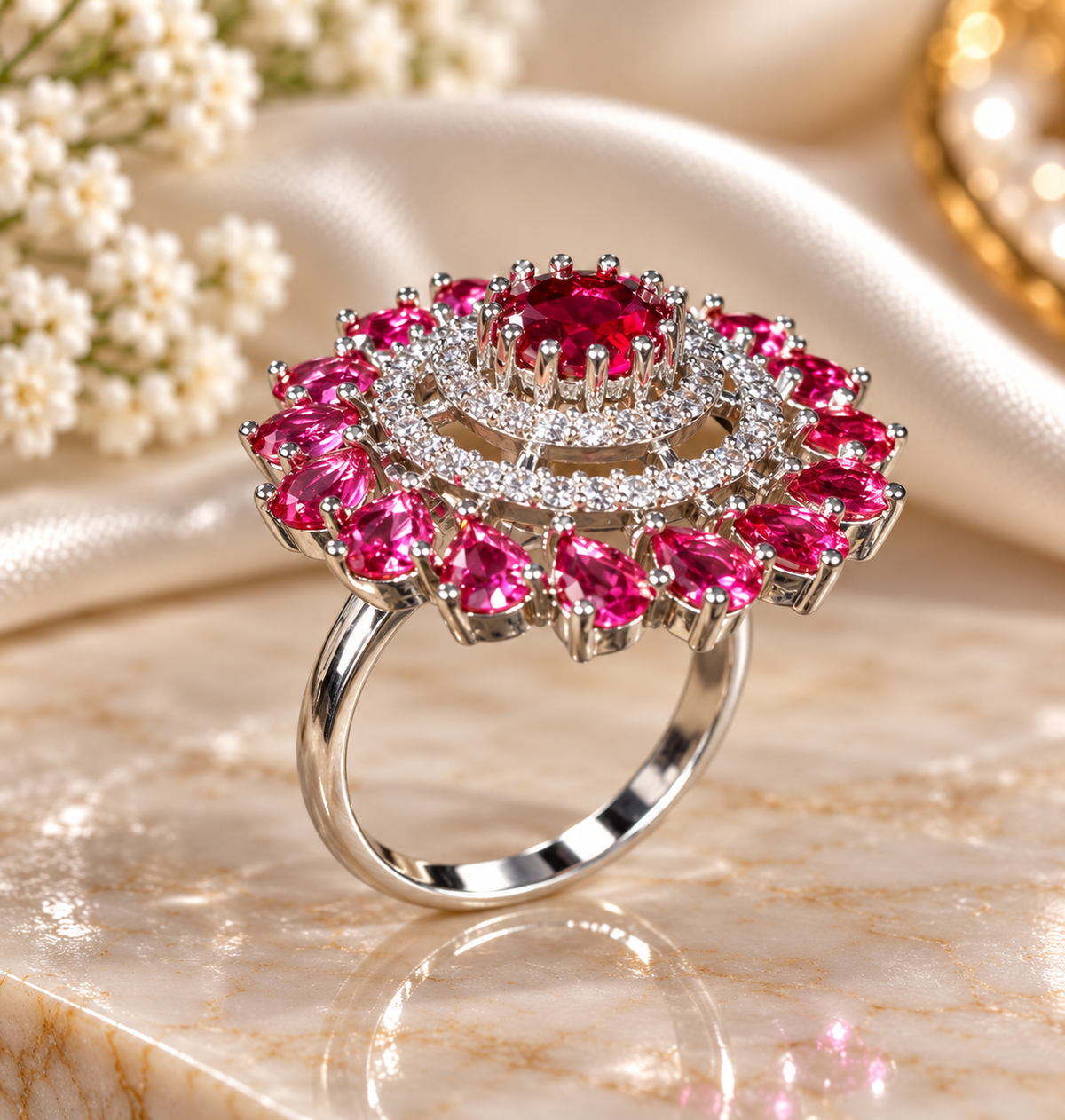 Statement ring with ruby-red center stone and pink floral crystal halo
