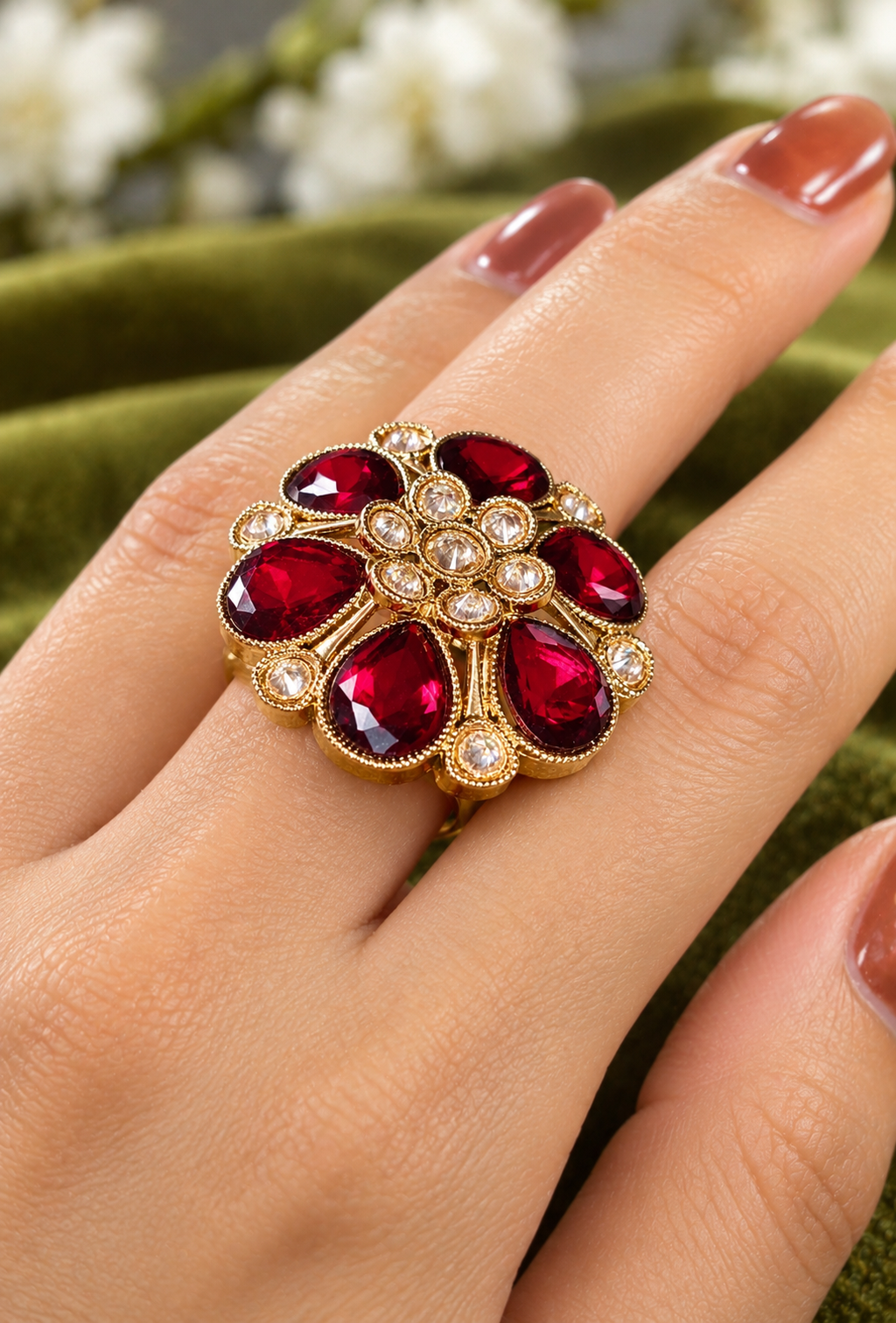 Ruby Red Floral Gold-Tone Statement Ring with Clear Stone Accents