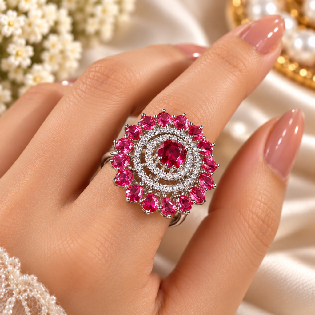 Pink-red gemstone statement ring on hand with round center halo and prong stones