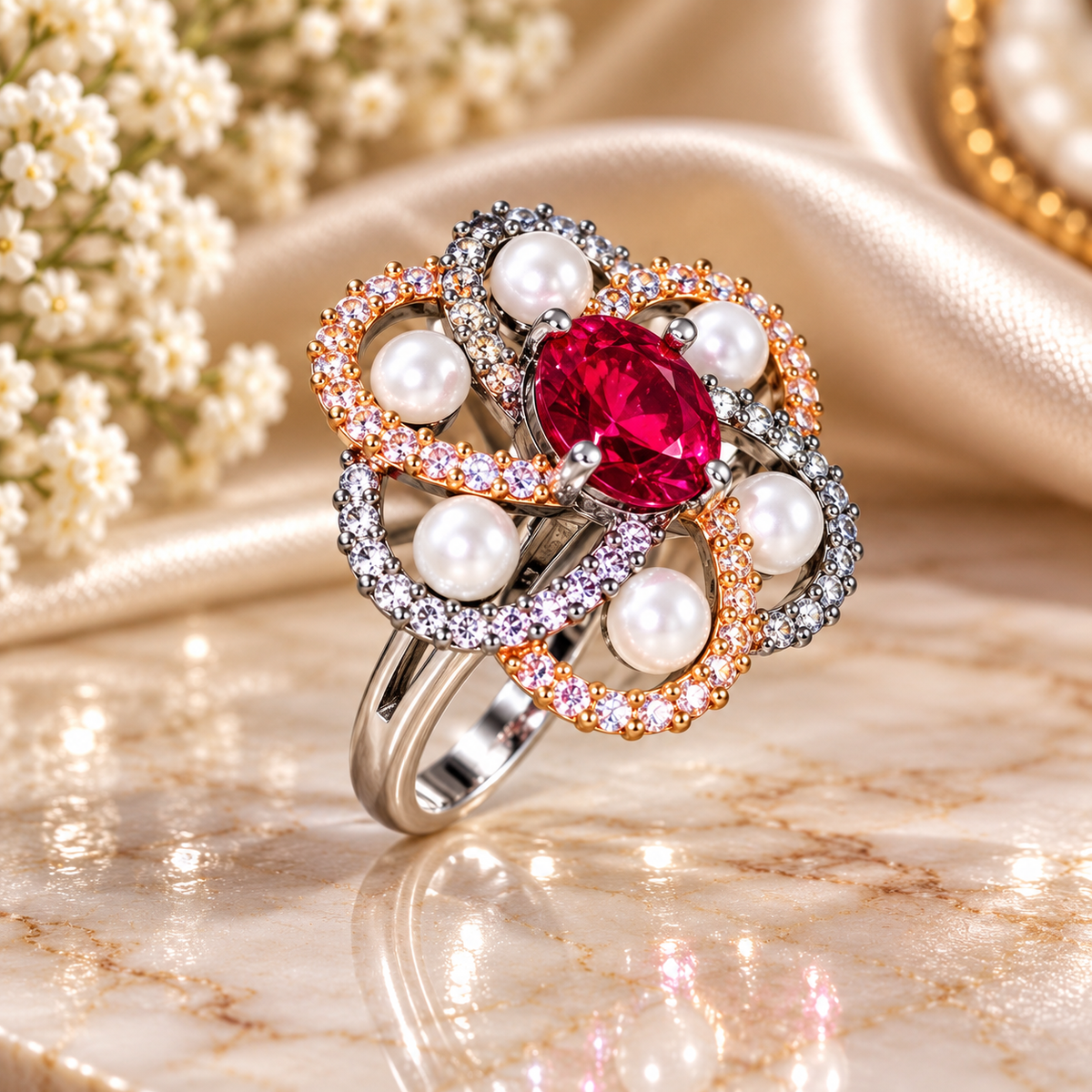 Ruby and pearl diamond knot ring