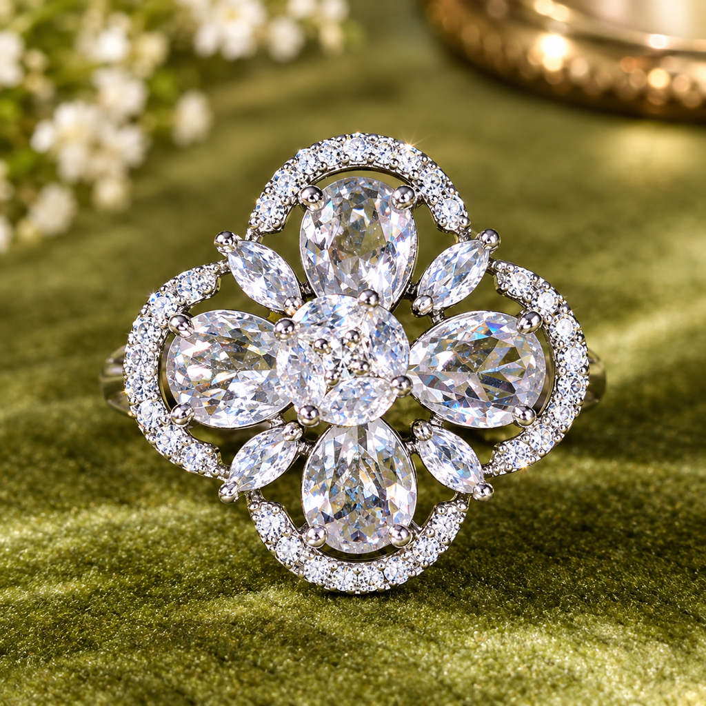 Crystal Floral Diamond-Look Statement Ring for Women