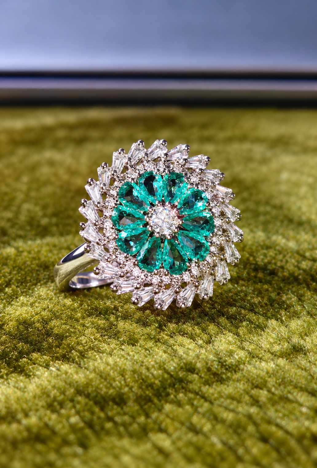 Emerald Green Floral Halo Silver-Tone Designer Ring