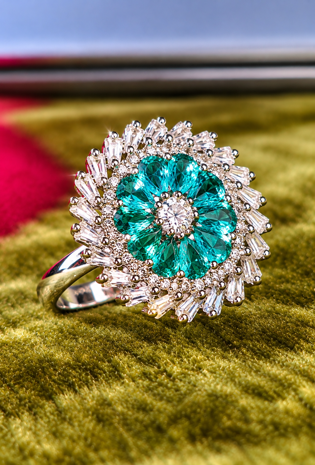 Emerald Green Floral Halo Silver-Tone Designer Ring