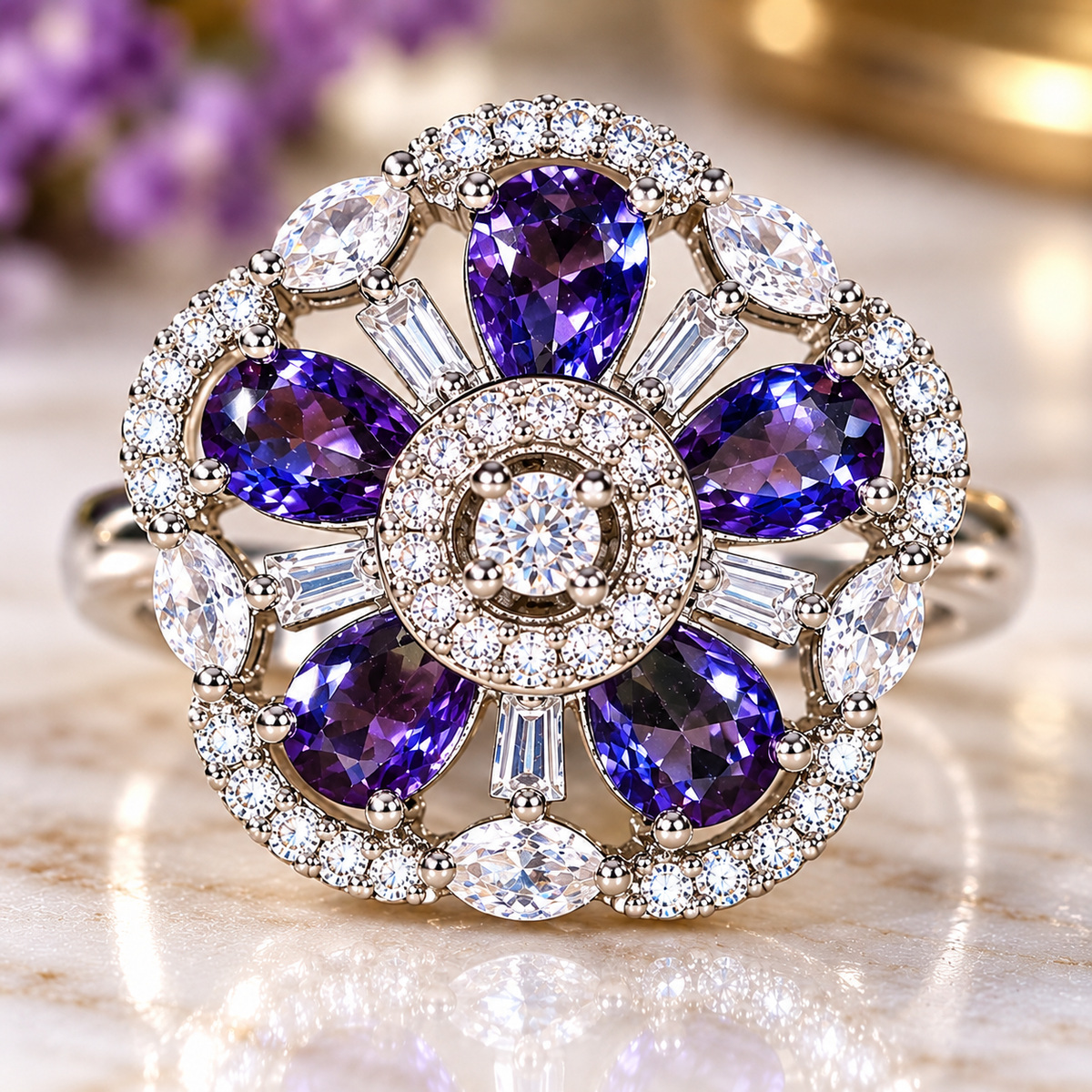Floral crystal statement ring with purple teardrop stones and clear accents