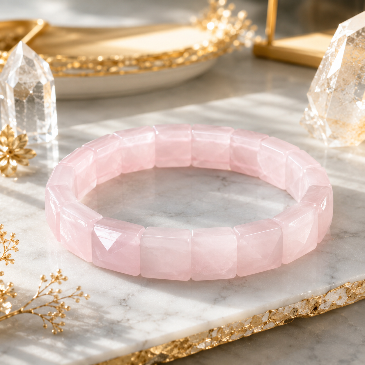 Rose Quartz Crystal Bracelet | Stone of Love, Self-Love & Emotional Healing | Natural Rectangle Bead Bracelet