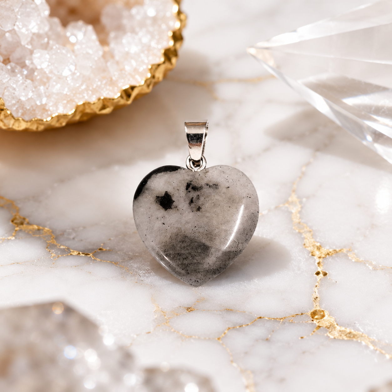 Tourmalinated Quartz Heart Crystal Pendant – Protection, Clarity & Grounding