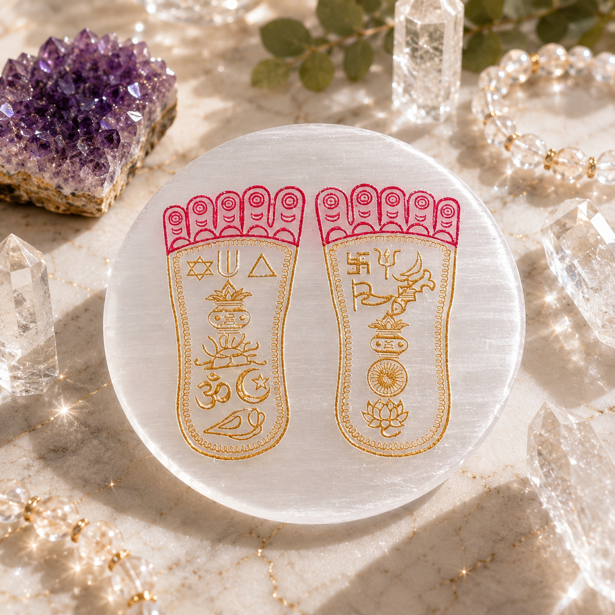 Selenite Charging Plate – Sacred Charan Paduka (Divine Footprints)