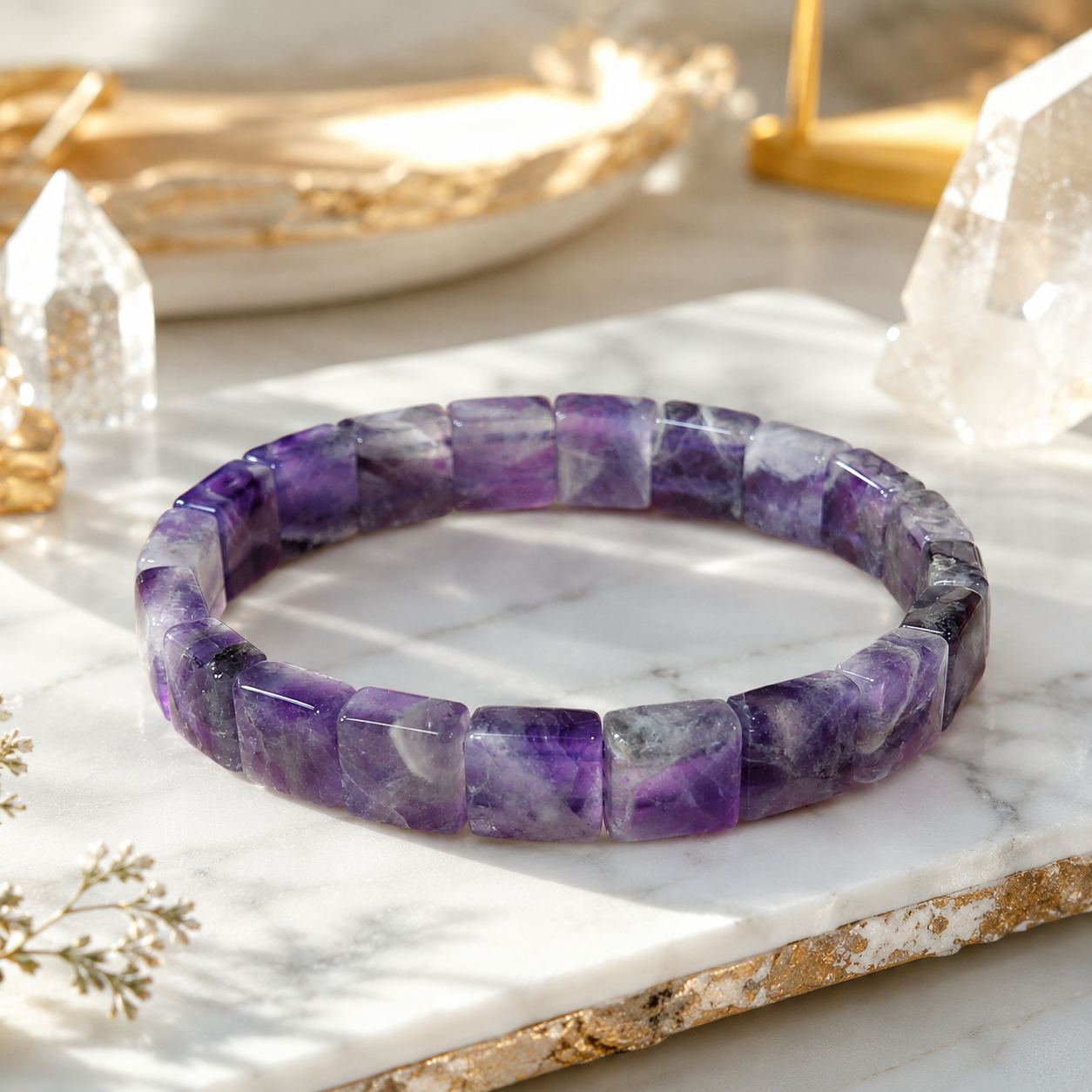 Amethyst Crystal Bracelet | Stone of Peace, Intuition & Protection | Natural Rectangle Bead Bracelet
