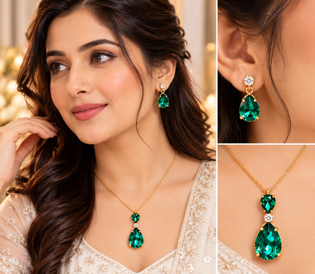 Teardrop pendant necklace set worn with emerald green drop earrings, close-up
