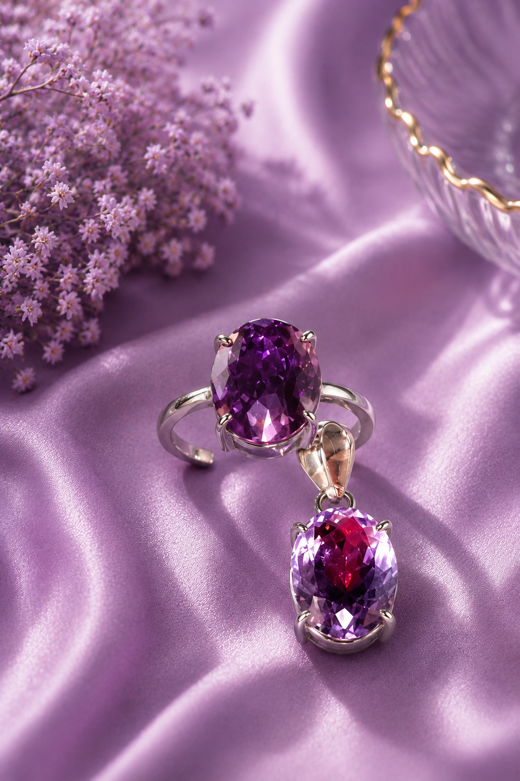 Amethyst Crystal Pendant and Adjustable Ring Set