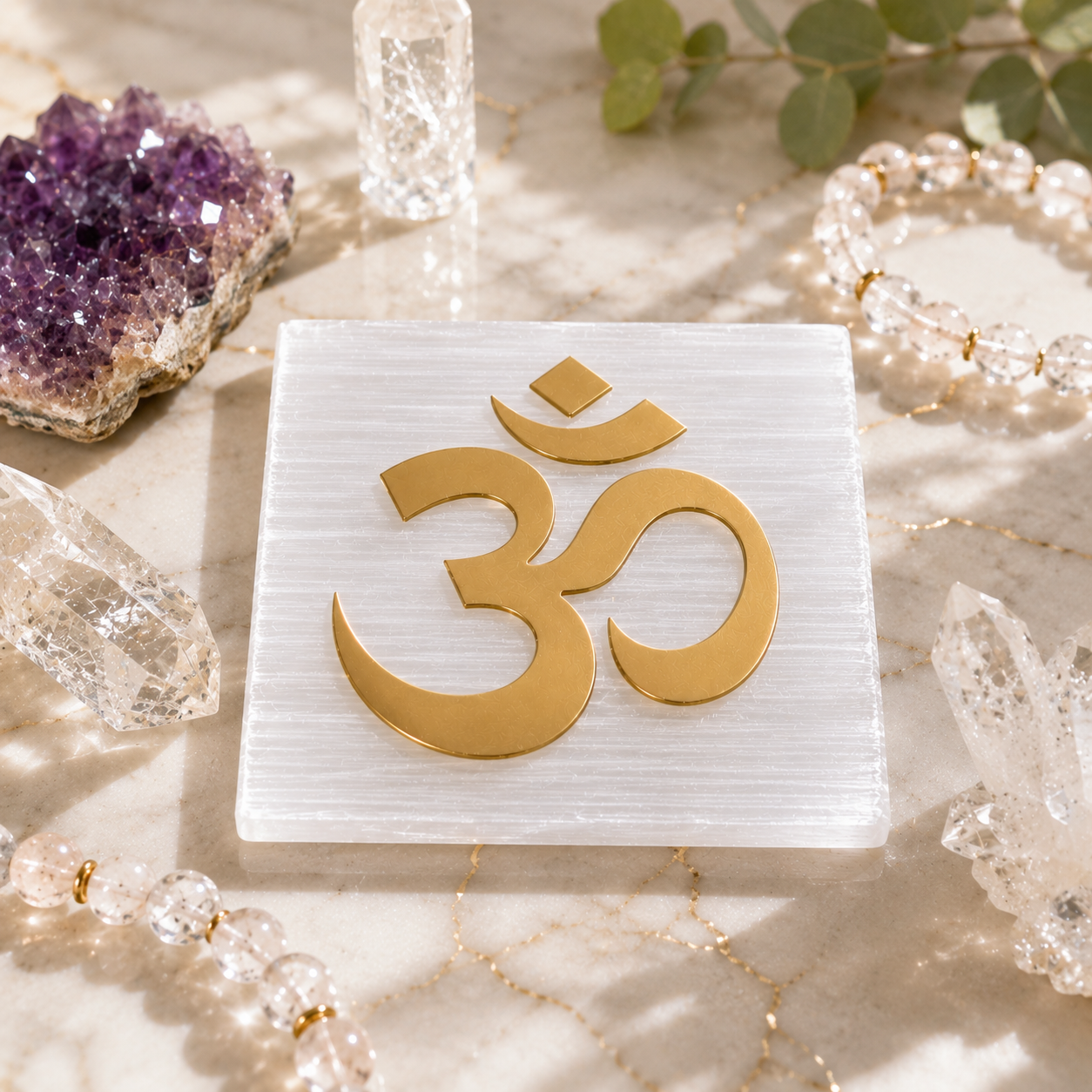 Selenite Charging Plate – Om (ॐ) Gold Finish