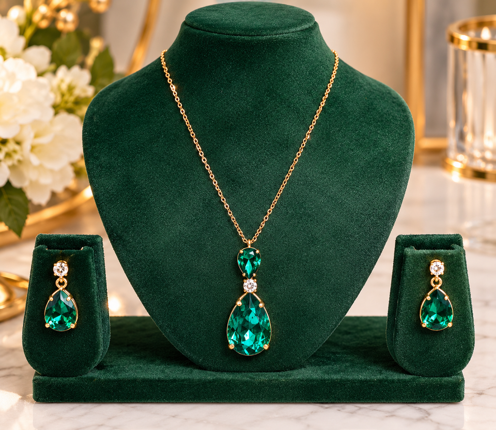 Teardrop pendant necklace set with emerald green teardrop pendant and matching earrings