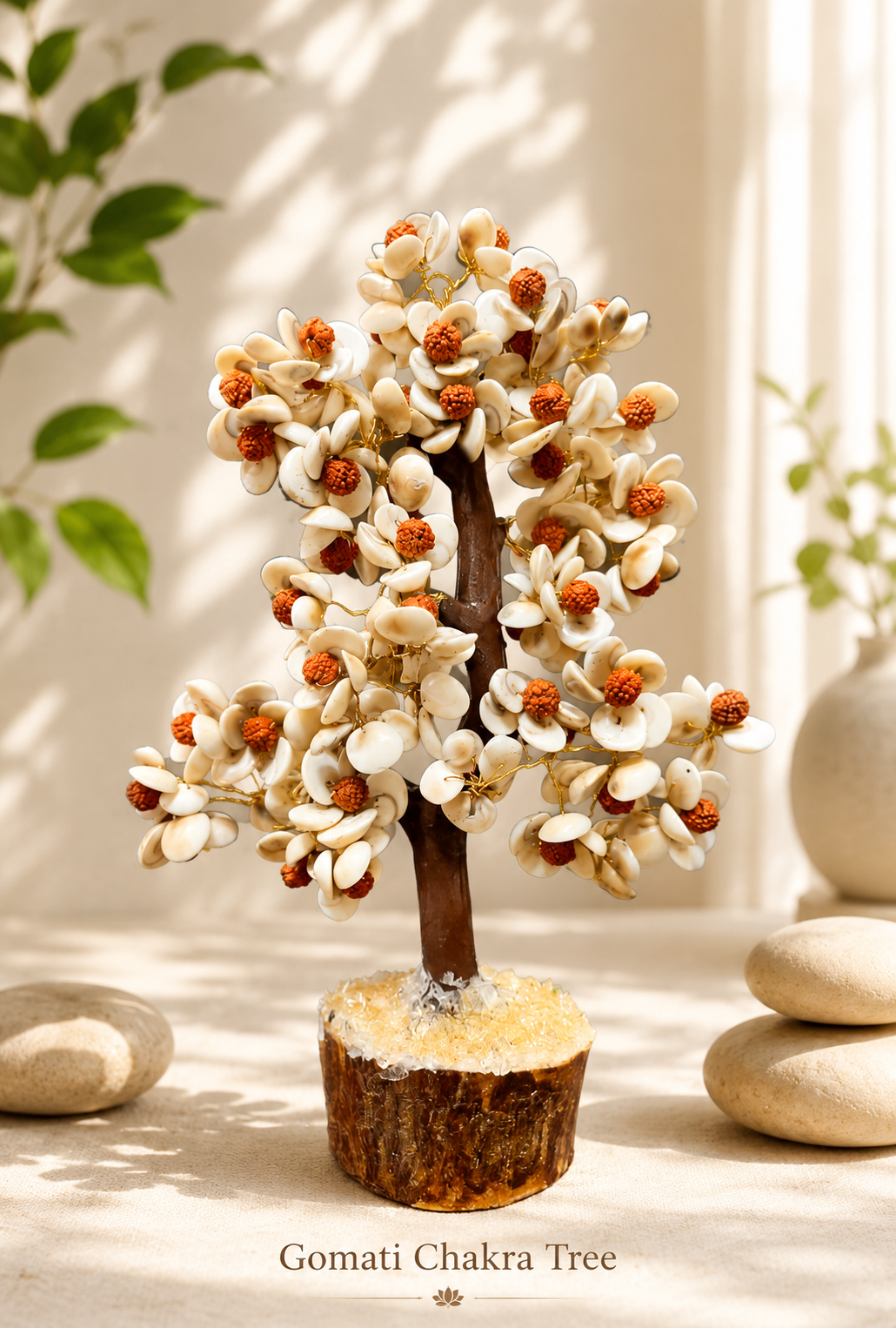 Decorative gomti chakra tree ornament with white flower clusters on small wood base
