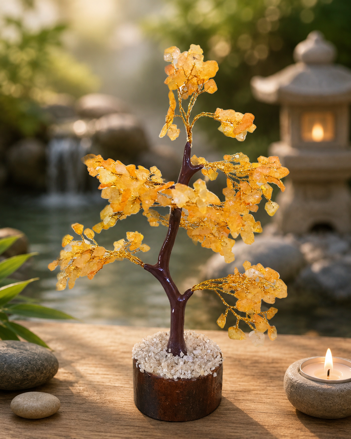 Citrine crystal tree ornament with golden yellow crystal branches on stone base