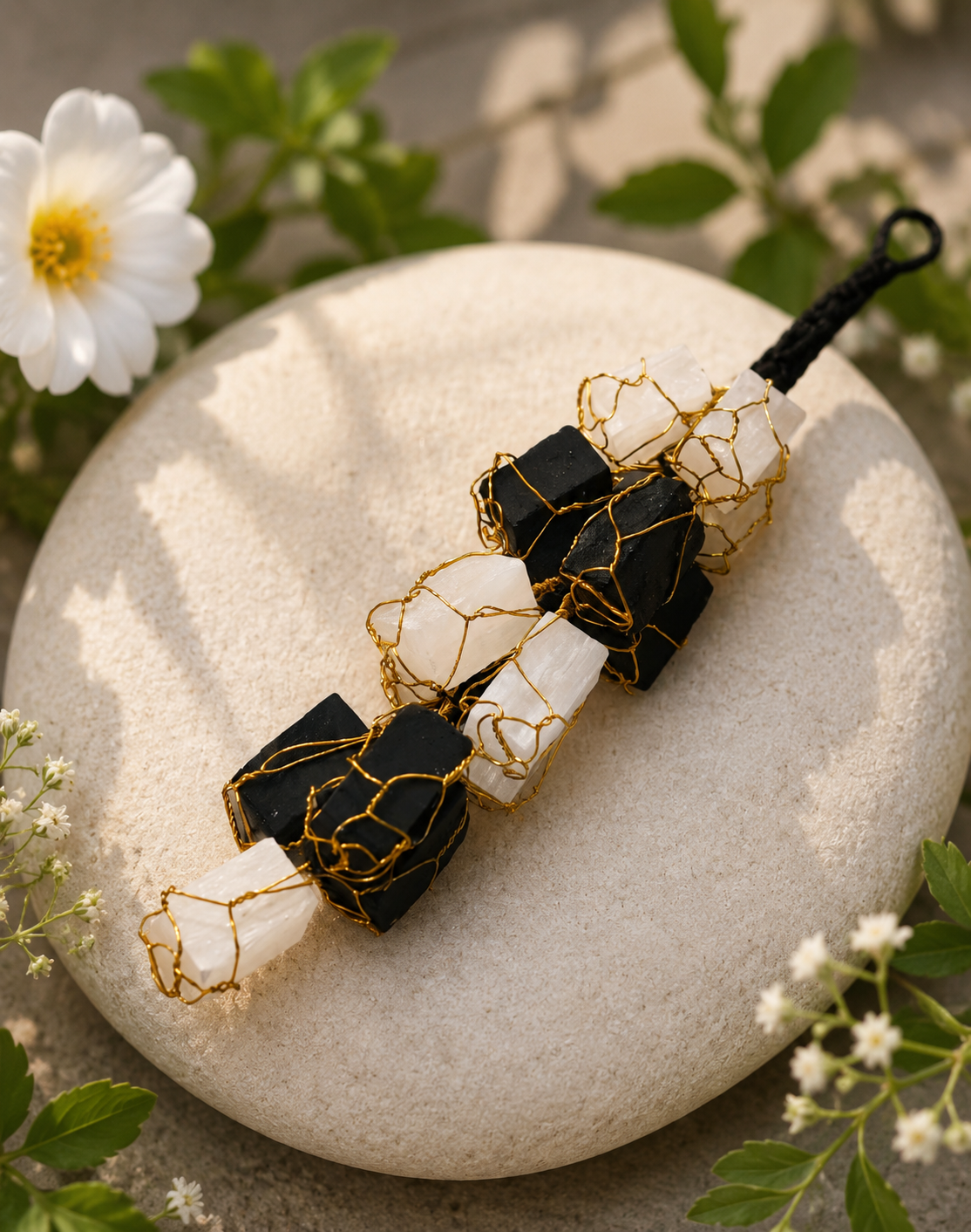 Black Tourmaline-Selenite Hanging for Protection and Clearing