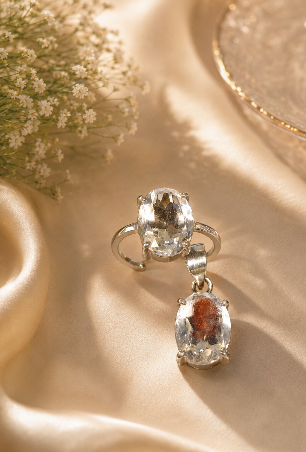 Clear Quartz Crystal Pendant and Adjustable Ring Set