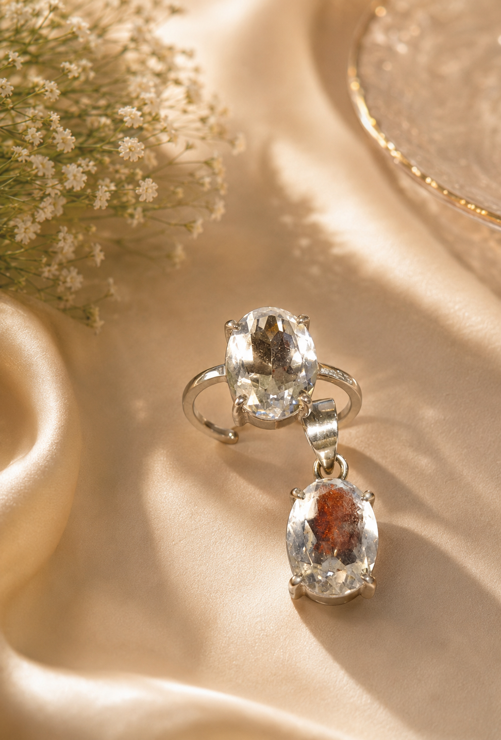 Clear Quartz Crystal Pendant and Adjustable Ring Set