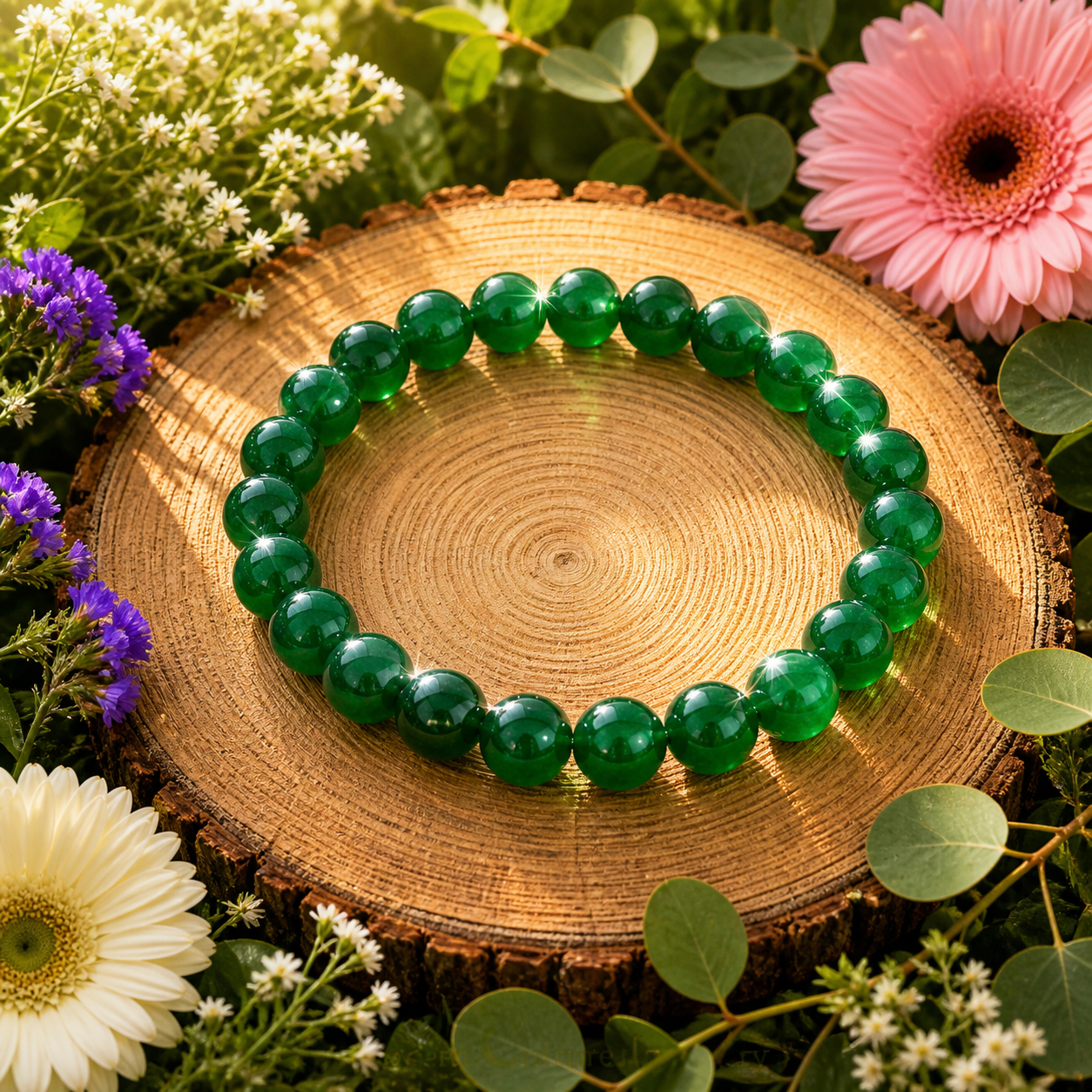 Green jade bead bracelet with round polished beads