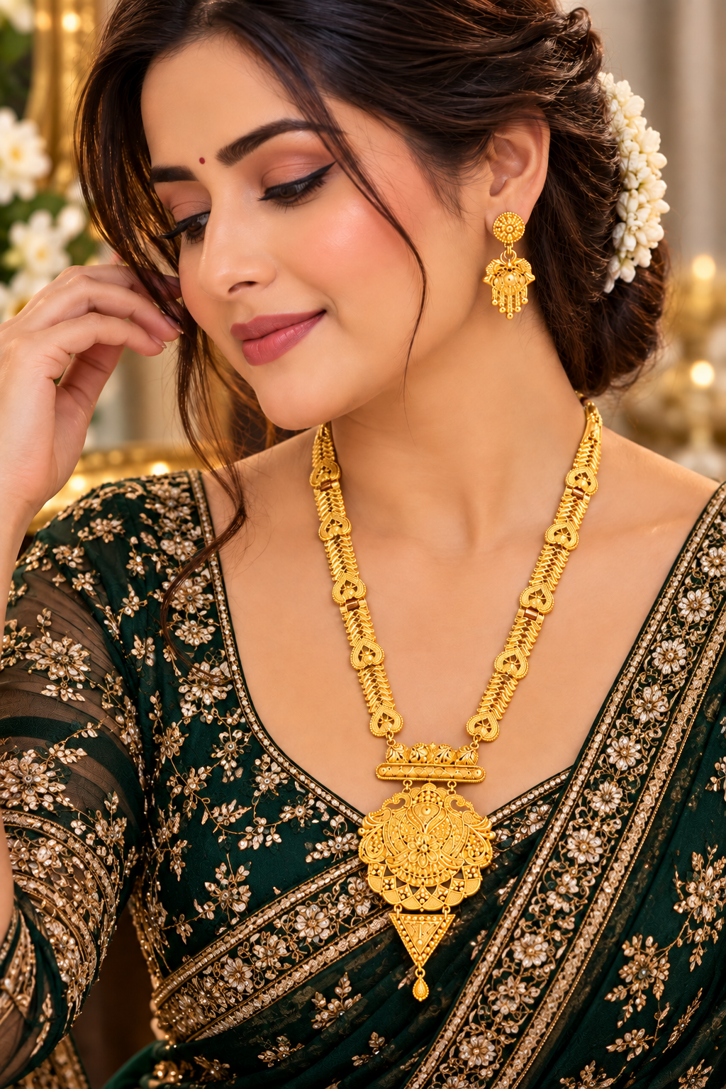 Gold-tone long necklace with ornate pendant, worn with drop earrings.