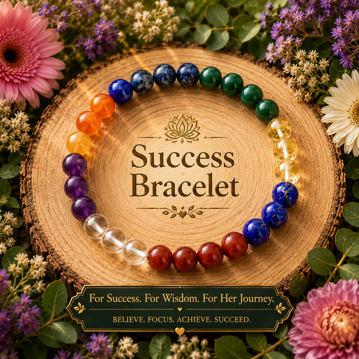 Multi-crystal success bracelet with assorted blue, green, purple, red and clear beads