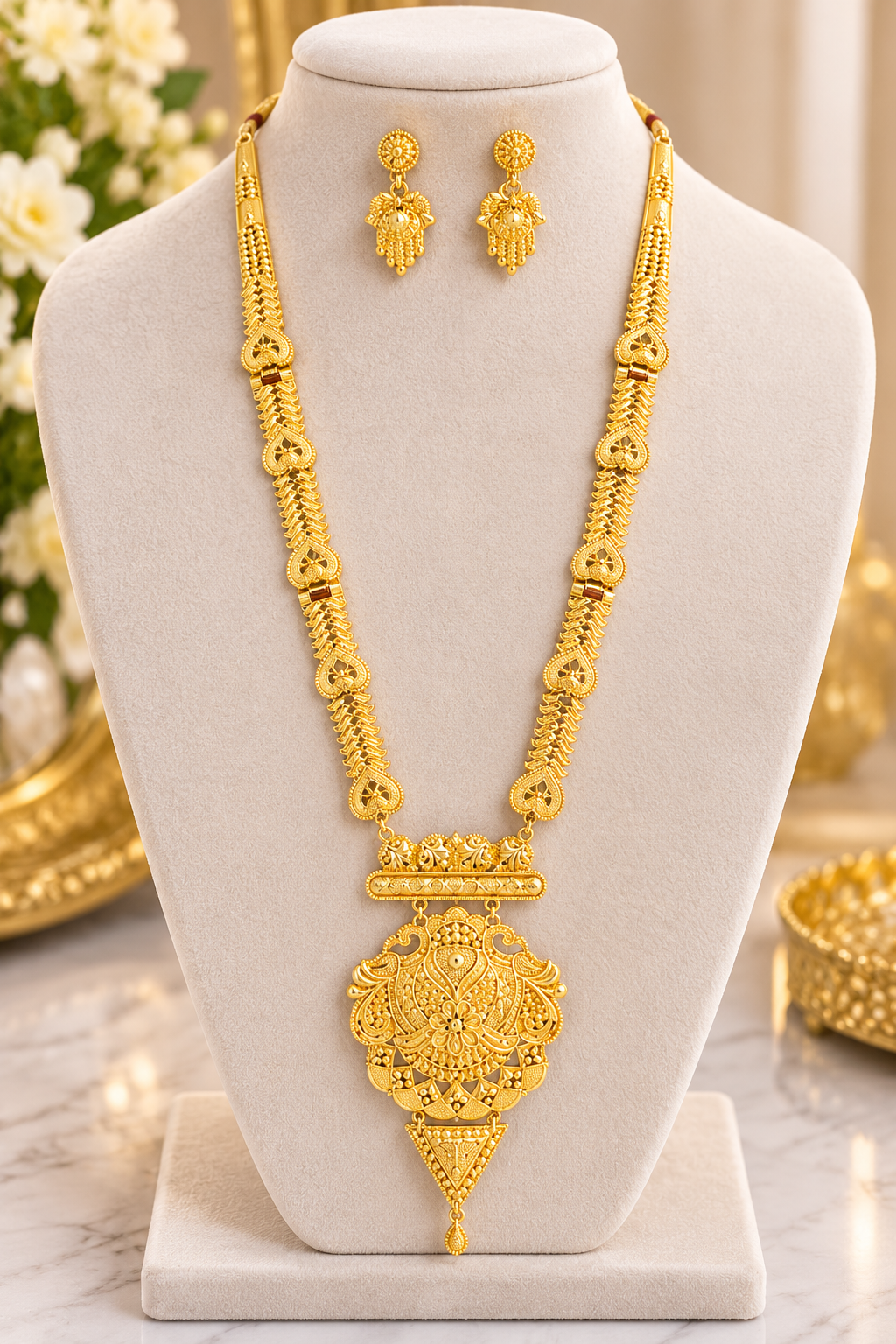 Gold-tone long necklace set with statement pendant and drop earrings.