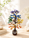 Multicolor crystal chakra tree with star-shaped crystal leaves and dark base